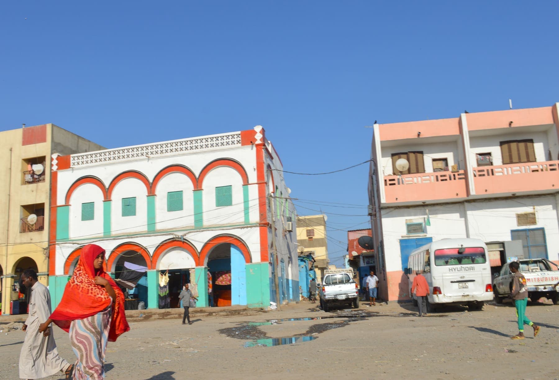 Two-storey homes and shops on a residential street in Djibouti City