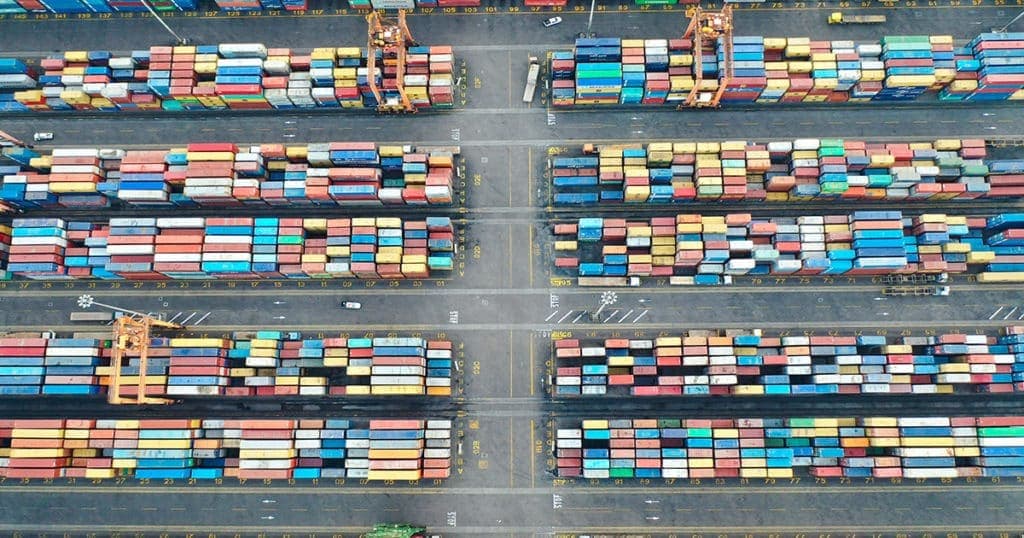 Container stacks on a compacted logistics yard in Djibouti, seen from above