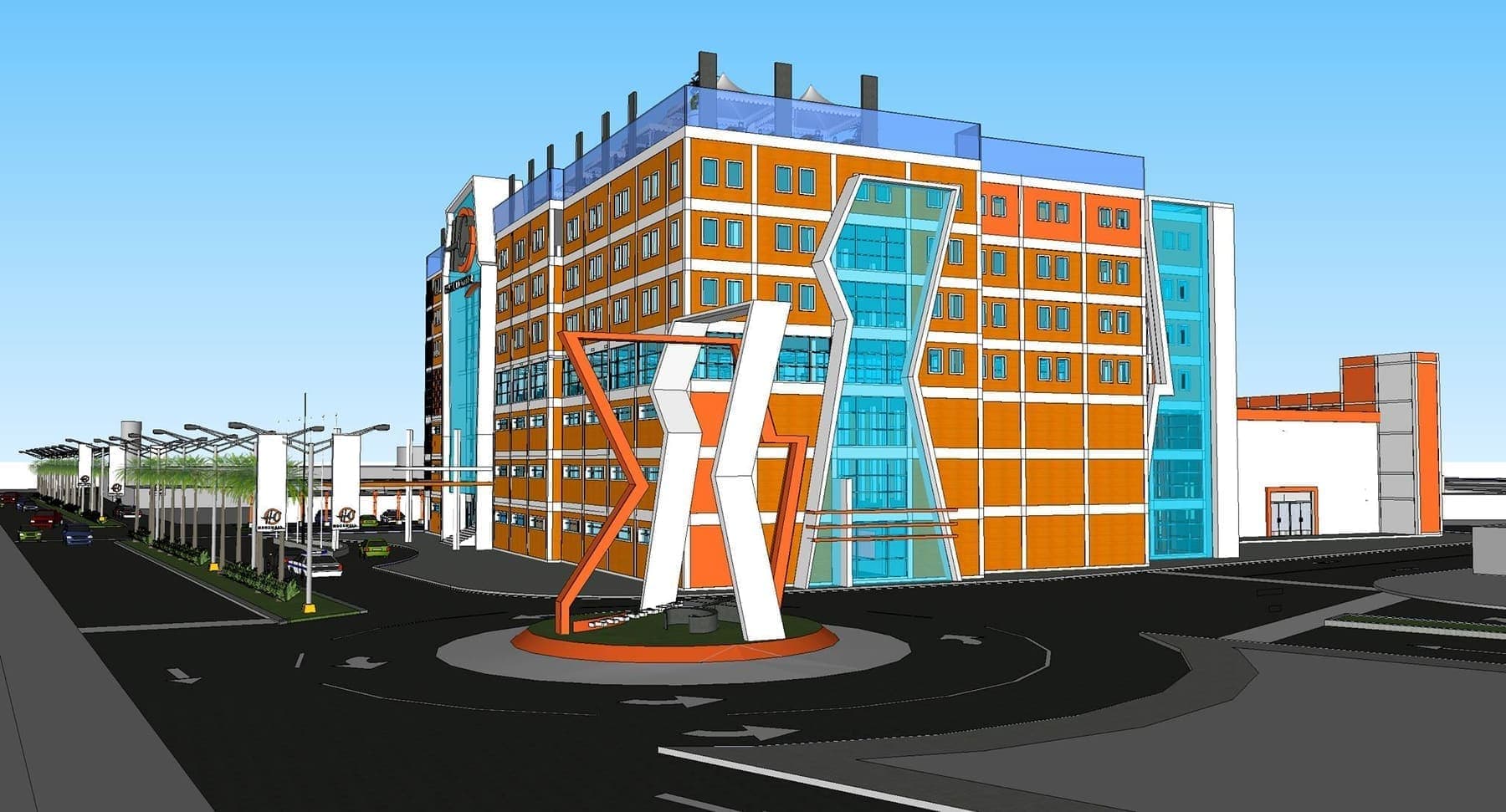 Architectural rendering of the Hargeisa Theatre Business Centre with its glazed facade and entrance sculpture