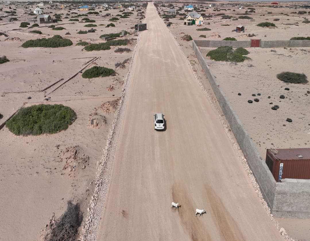 Graded gravel road to Garacad port from the air