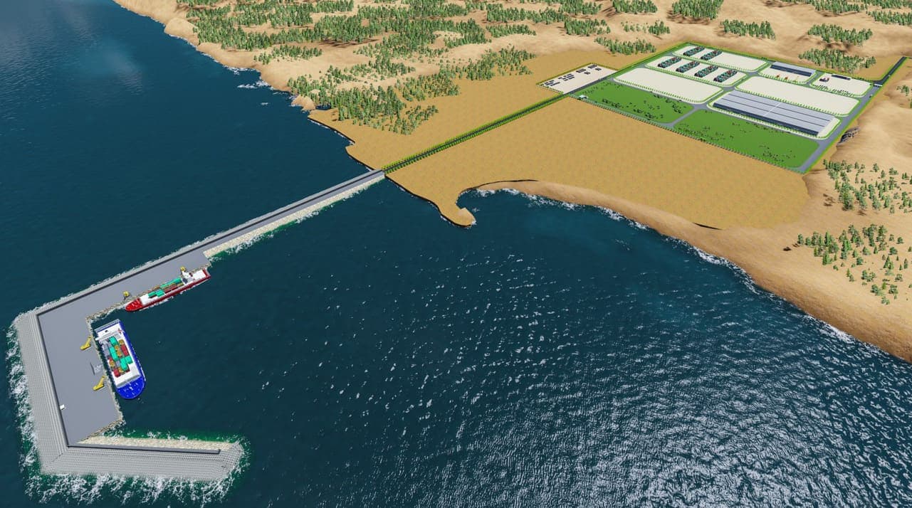 Masterplan rendering of Garacad Seaport with breakwater, berths and container yard