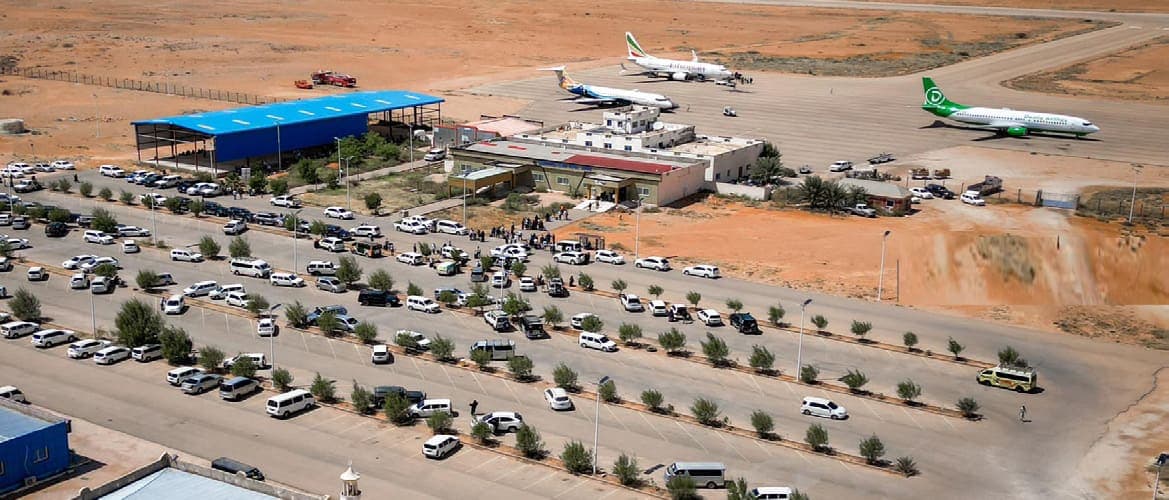 Garowe Airport terminal, apron and car park from the air